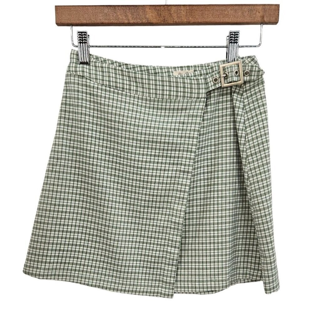John Galt Mini Plaid Wrap Skirt Soft Womens Adjustable One Size OS Green‎ White